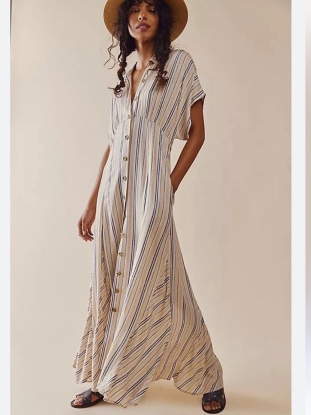 Free People We The Free Rowan Striped Button Front Maxi Dress Blue Ivory Small
